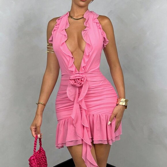 Pink Sexy Women's Mesh Halter Neck Sweet Ruffled Ruched Holiday Dress - Picture 3 of 5